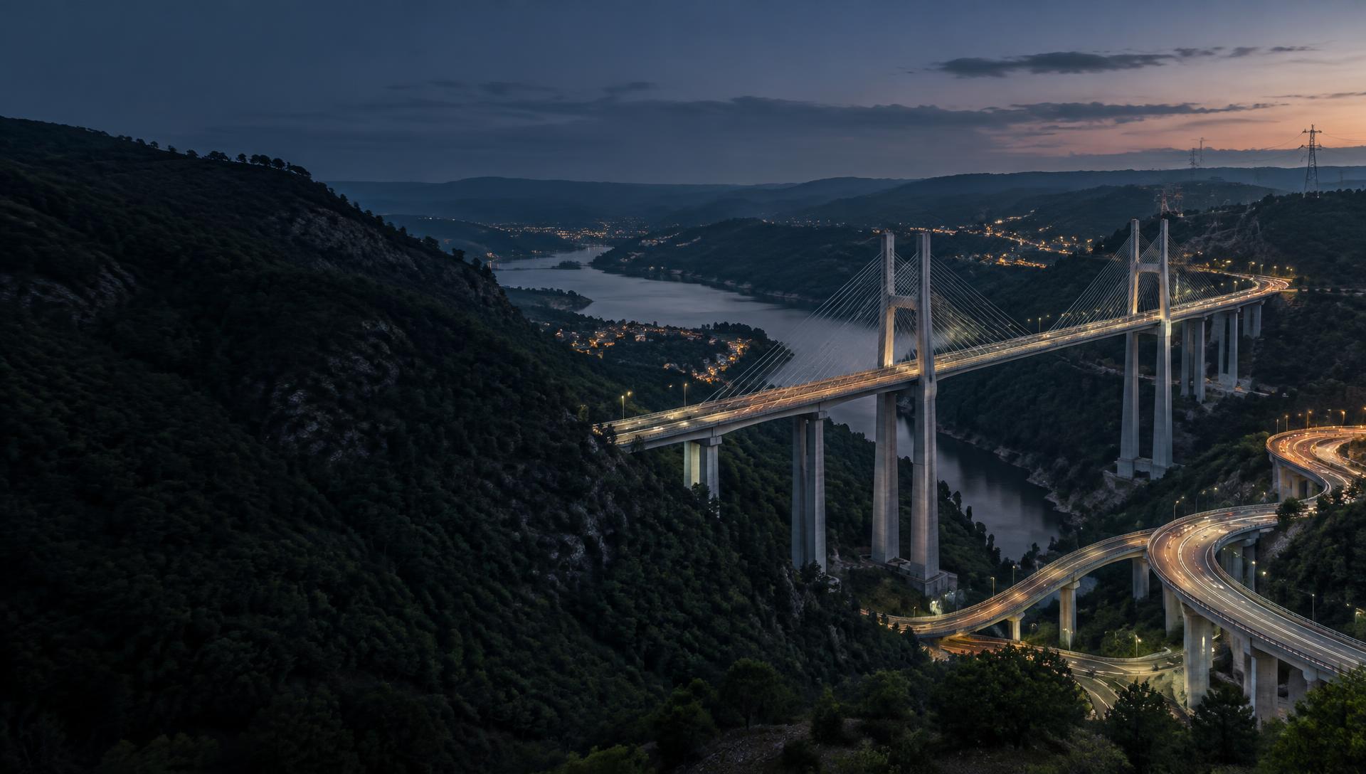 Ponte e rede rodoviária sobre um vale ao entardecer